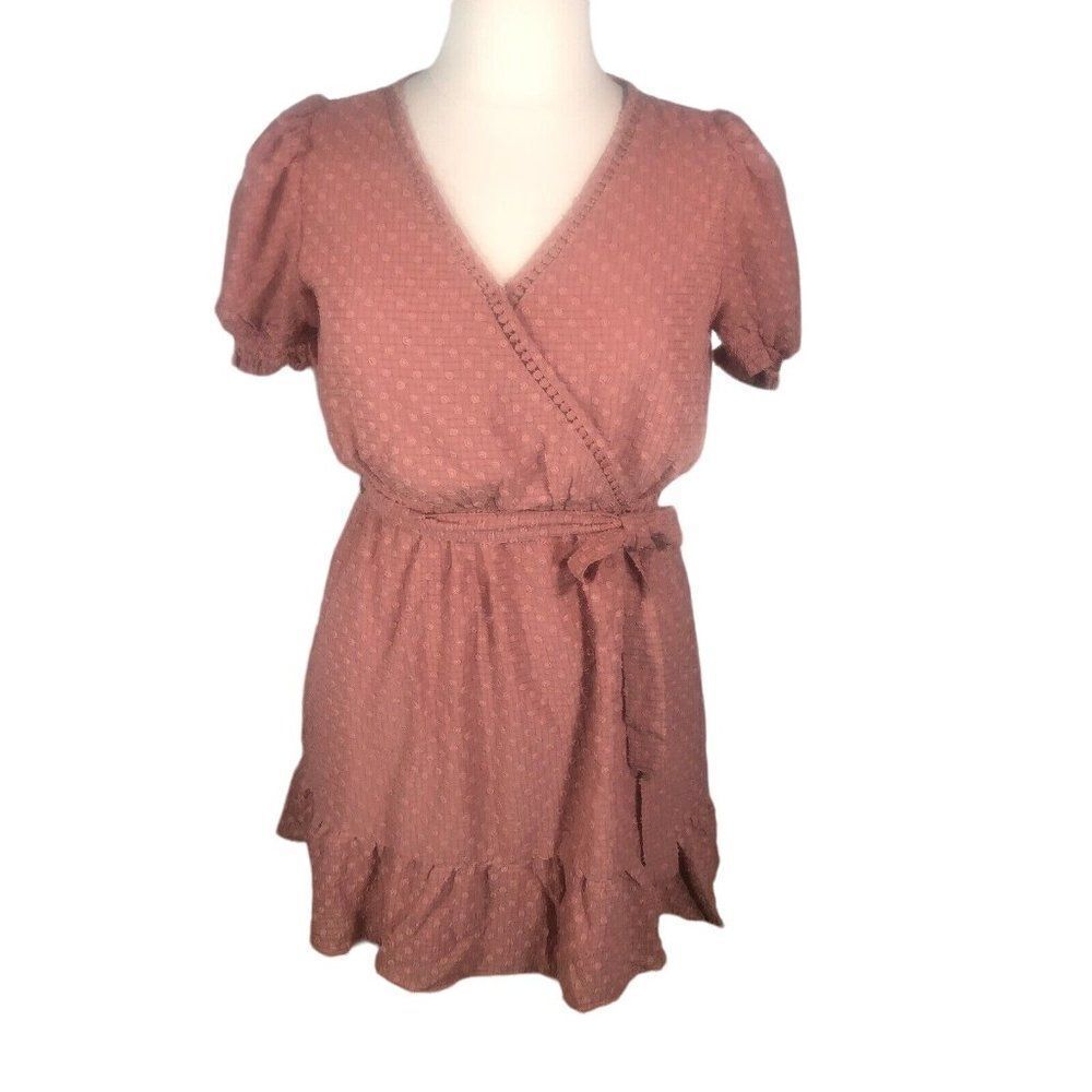 NEW Sweet Wandered Pink Mauve Surplice Mini Dress XL Puff Sleeves Textured Flare